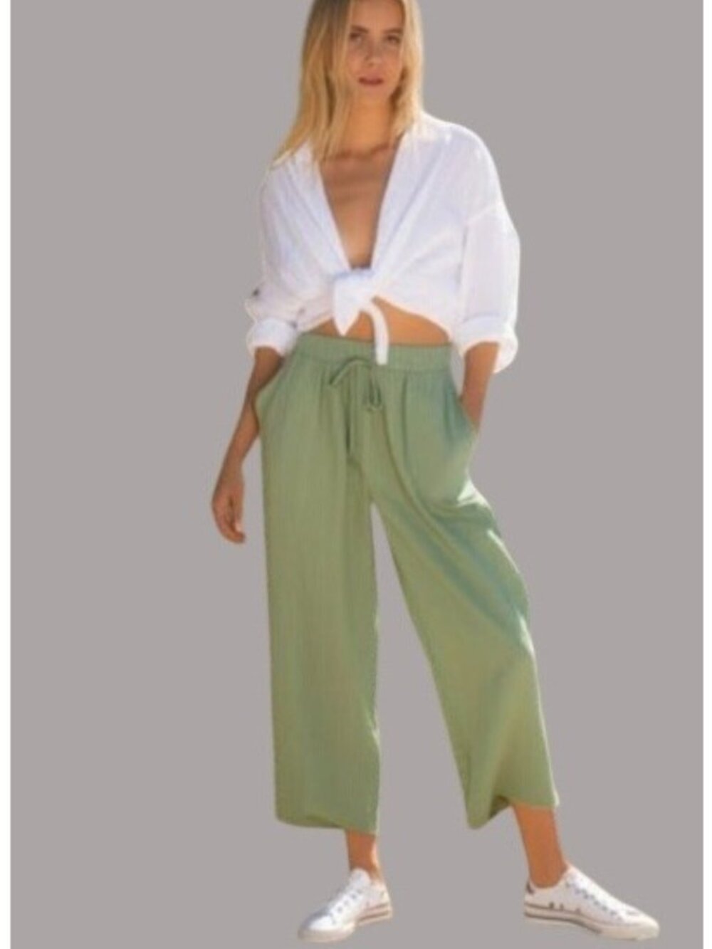 Thread Supply Womens Sage Green Wide-Leg Pants With Pockets & Drawstring Waist S